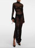 Mugler Black Net Sheer Long Sleeve High Neck Ruched Gown