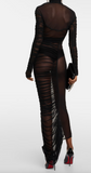 Mugler Black Net Sheer Long Sleeve High Neck Ruched Gown