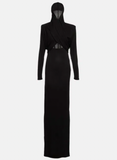 Saint Laurent Black Cut Out Long Sleeve Shoulder Padded Hooded Dress Gown