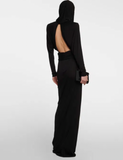 Saint Laurent Black Cut Out Long Sleeve Shoulder Padded Hooded Dress Gown