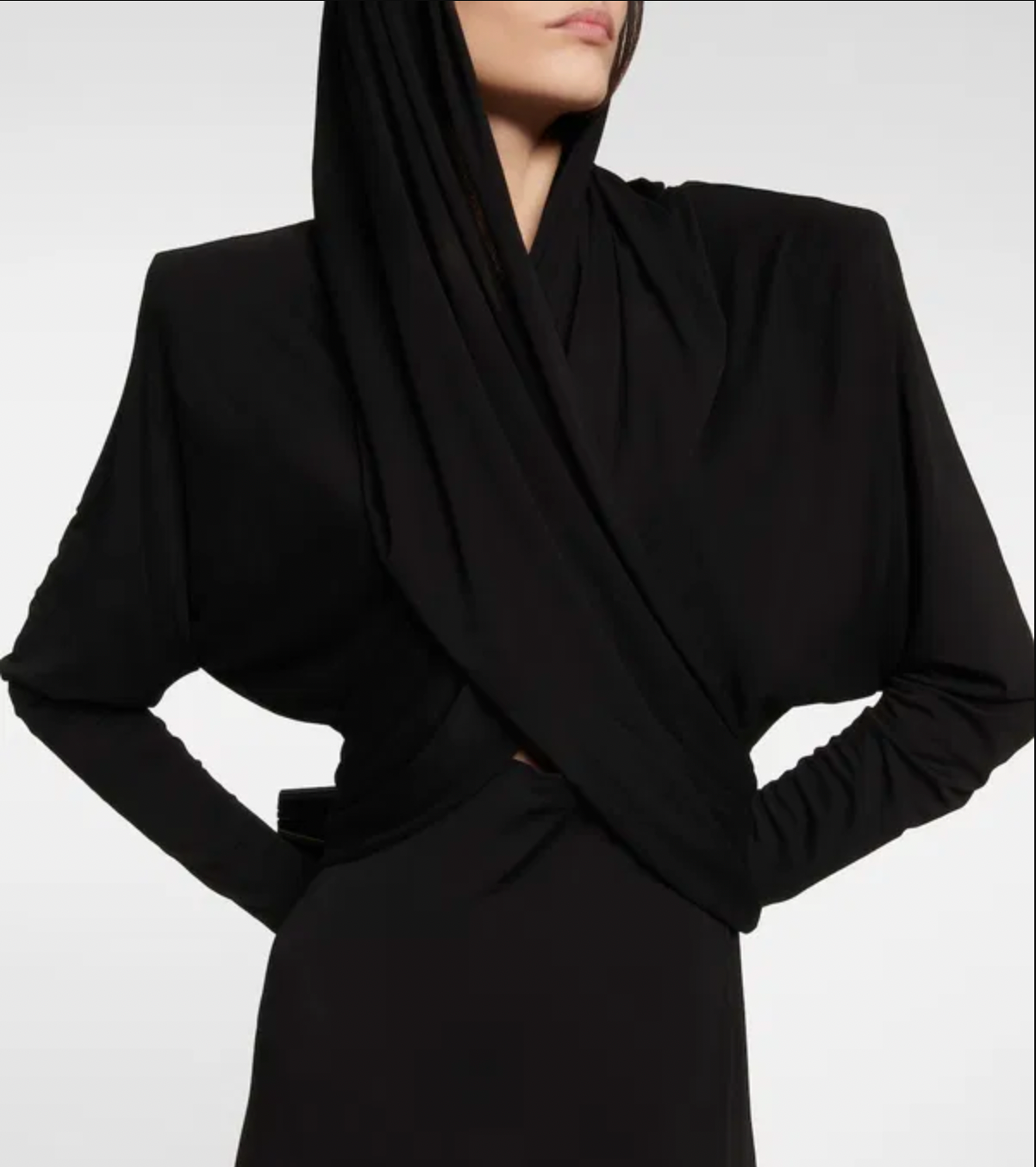 chinese dress ladies Saint Laurent Black Cut Out Long Sleeve Shoulder Padded Hooded Dress G –  PauméLosAngeles
