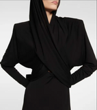 Saint Laurent Black Cut Out Long Sleeve Shoulder Padded Hooded Dress Gown