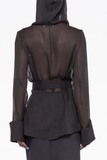 Saint Laurent Black Sheer Chiffon Hooded Shirt Cuff Jacket Top