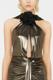 Saint Laurent Gold Draped Black Flower Neck Dress