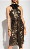 Saint Laurent Gold Draped Black Flower Neck Dress