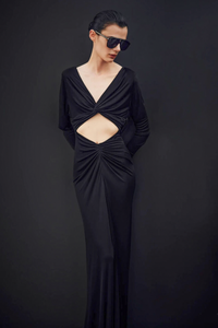 Saint Laurent Black Long Sleeve Cut Out Draped Dress Gown Spring 2023