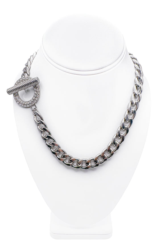 Vintage Silver Metal Curb Chain with Crystal Circle & Bar Closure Necklace