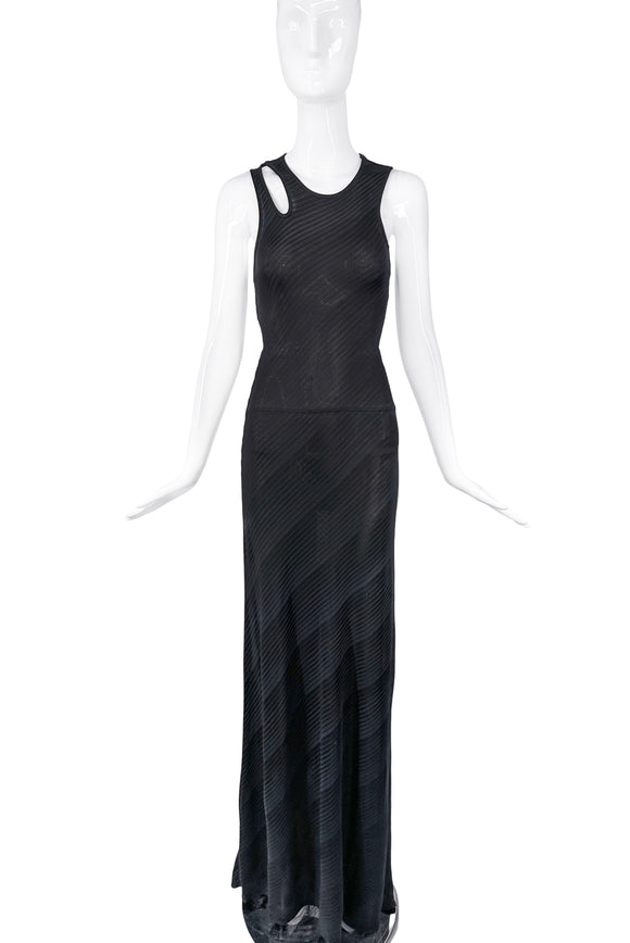 Versace Black Sheer Striped Textured Shoulder Cut Out Side Button Sleeveless Tank Dress Gown