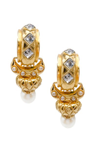 Escada Gold Crystal Pearl Clip on Earrings