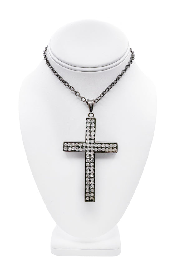 Vintage Silver Crystal Diamond Cross Necklace