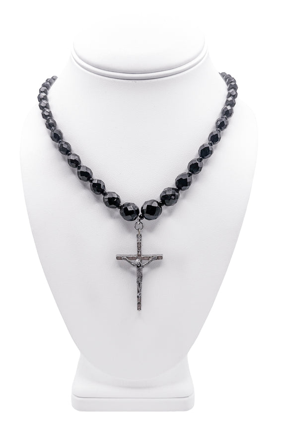 Vintage Black Onyx Bead Rosary Necklace