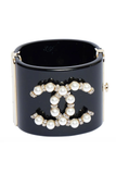 Chanel Black Resin CC Pearl Logo Cuff Bracelet