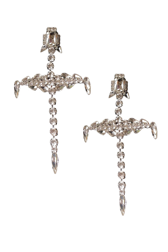 Vintage Silver Crystal Oversized Cross Earrings