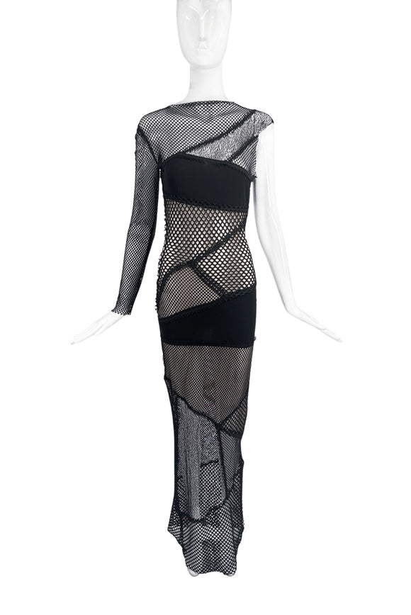 Dsquared Black Fishnet Multi Panel One Sleeve Punk Gown