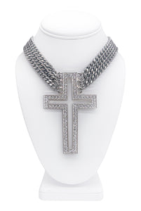 Vintage Silver Crystal Fausto Puglisi Style Cross Triple Chain Necklace Choker
