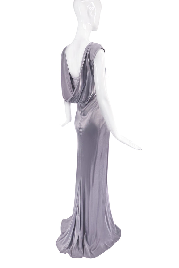 Ghost London Grey Silver Metallic Draped Backless Train 90's Gown