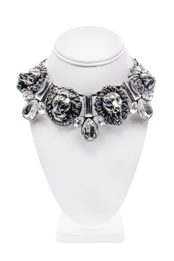 Gucci Silver Crystal Lion Head Necklace Choker