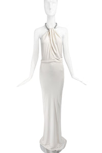 Gucci by Tom Ford Off White Halterneck Crystal Rope Gown Dress