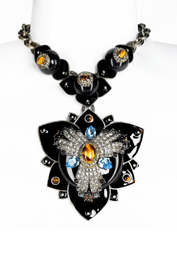 Lanvin Black Lacquer Dimensional Crystal Gem Stone Orchid Flower Necklace Runway Spring 2008