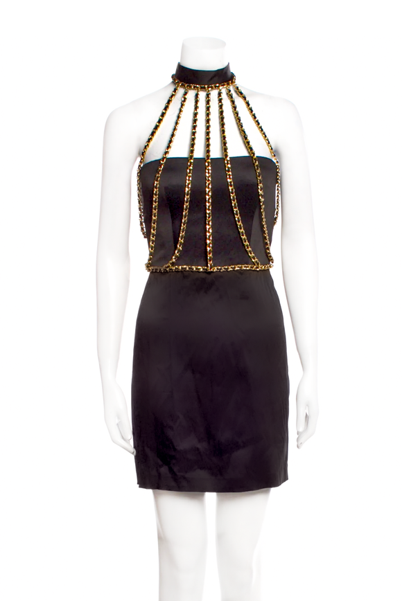 Moschino Couture Black Bustier Gold Chain Harness Cage Chanel Style Dress