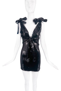 Paco Rabanne Black Sequin Deep V Shoulder Bow Tie Dress
