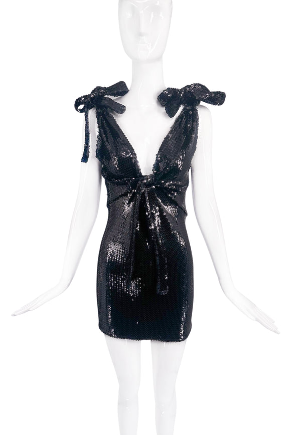 Paco Rabanne Black Sequin Deep V Shoulder Bow Tie Dress PaumLosAngeles Paco Rabanne Black Sequin Deep V Shoulder Bow Tie Dress PaumLosAngeles