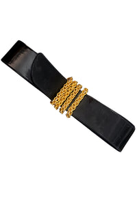 Paloma Picasso Black Patent Leather Belt with Oversized Gold Chain Buckle