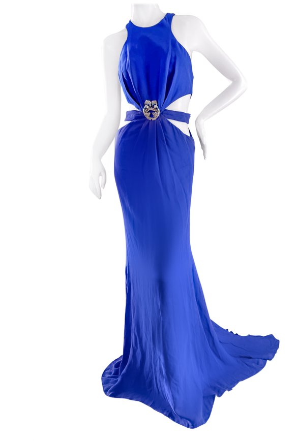 Roberto Cavalli Blue Cut-Out Gown Dress with Gold Parrot Brooch Hardware Detail
