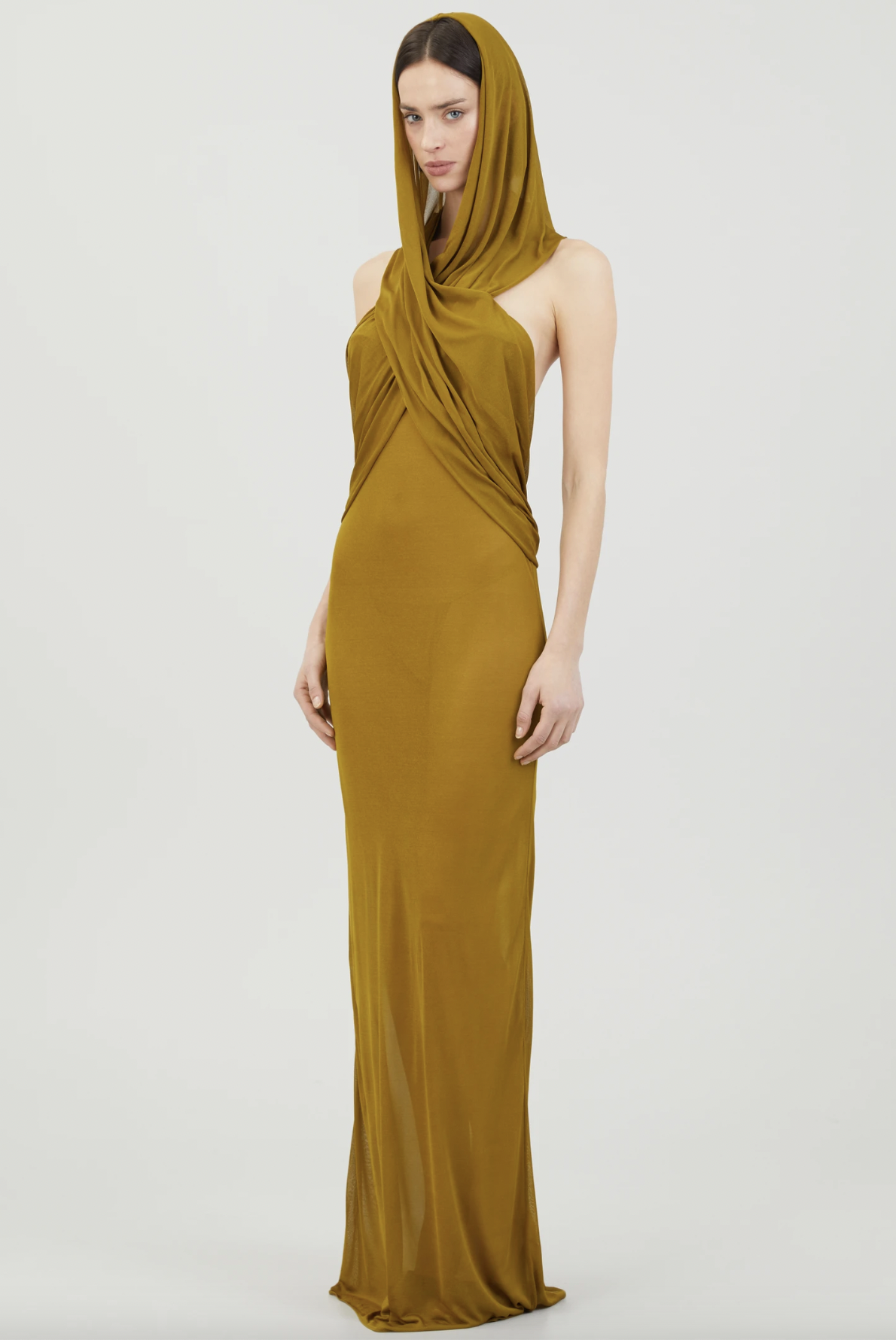 Saint Laurent Green Brown Hooded Gown Runway S/S 2023 PaumLosAngeles Saint Laurent Green Brown Hooded Gown Runway S/S 2023 PaumLosAngeles