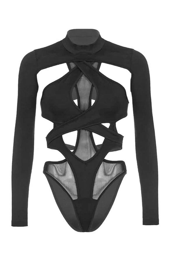 Vintage Black Cut Out Turtle Neck Bodysuit Top