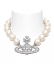 Vivienne Westwood Silver Crystal "Neysa" Orb Logo Oversized Pearl Necklace Choker