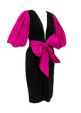 Saint Laurent Rive Gauche Black Velvet Dress with Pink Fuchsia Gigot Sleeves