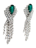 Alessandra Rich Silver Crystal and Emerald Green Fringe Chandelier Earrings