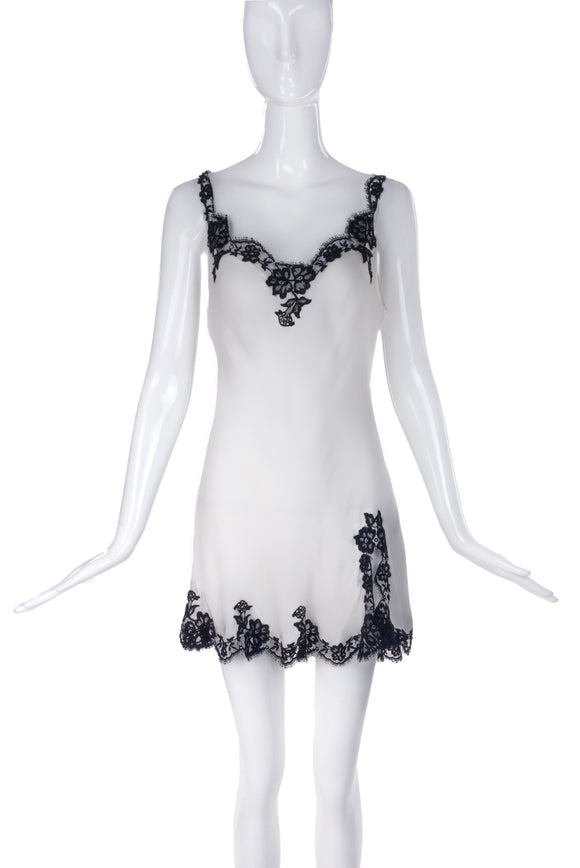 Agent Provocateur White Satin Negligee Slip Dress with Black Floral Lace