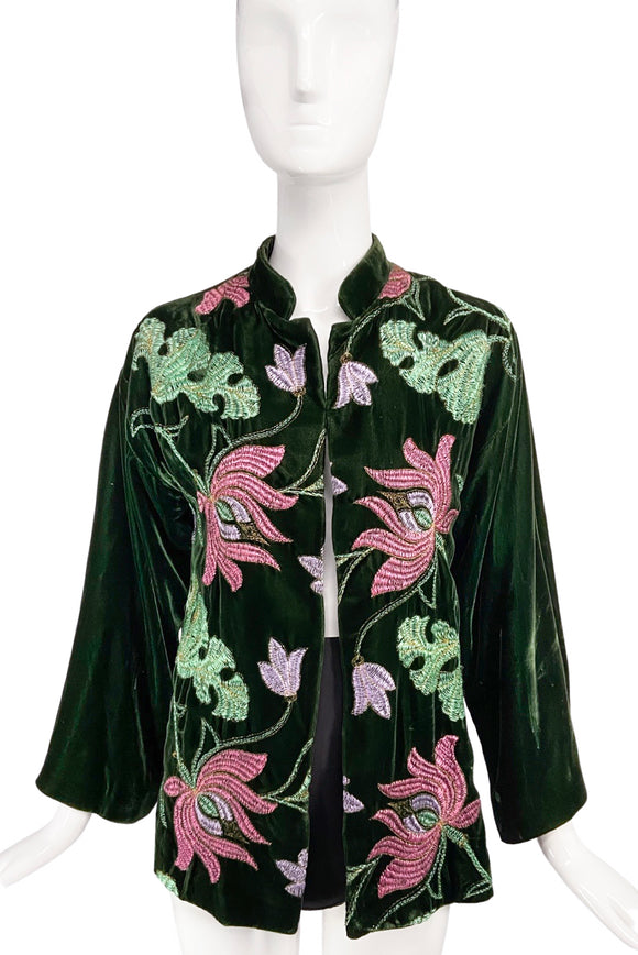 Albert Capraro Green Velvet Jacket with Floral Embroidery*