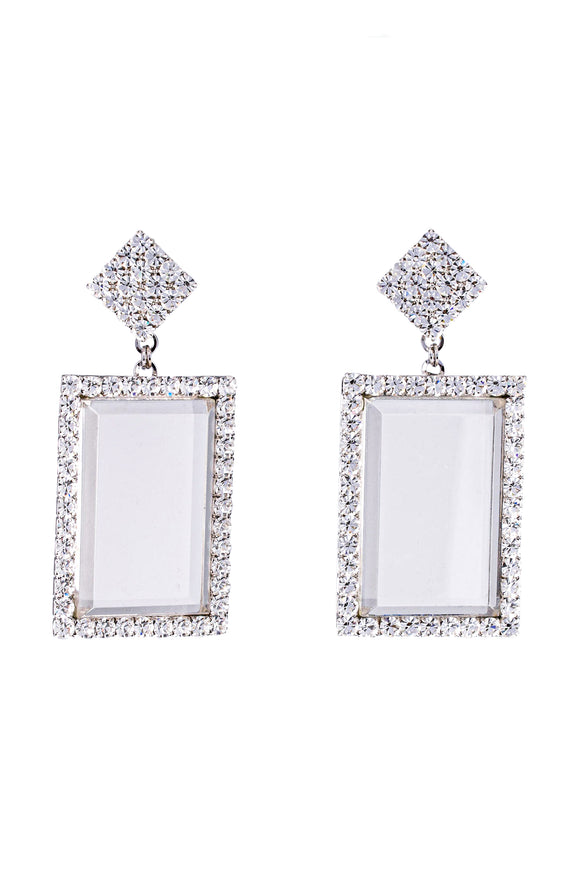 Alessandra Rich Silver Crystal Rectangular Oversize Statement Earrings