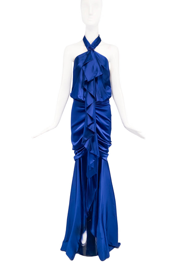 Alexandre Vauthier Royal Blue Satin Mermaid Gown with Ruche and Ruffle Details