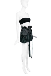 Ann Demeulemeester Black Satin Oversized Pockets Military Style Hanging String Paper Bag Waist Mini Skirt