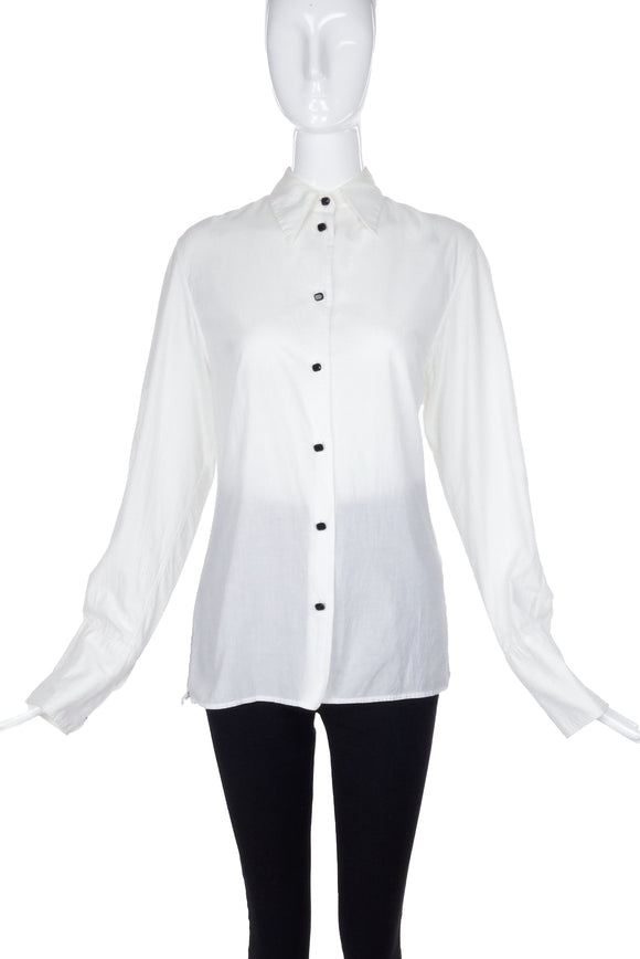 Ann Demeulemeester White Cotton Button-Up Shirt with Black Glass Buttons