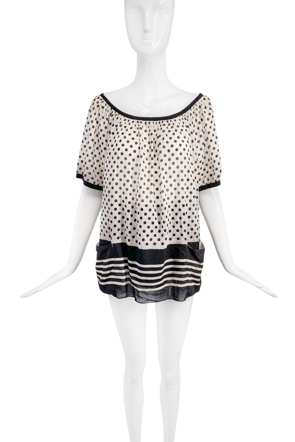 Anna Sui Polka Dot Stripe Black & White Cotton Boho Mini Dress Top