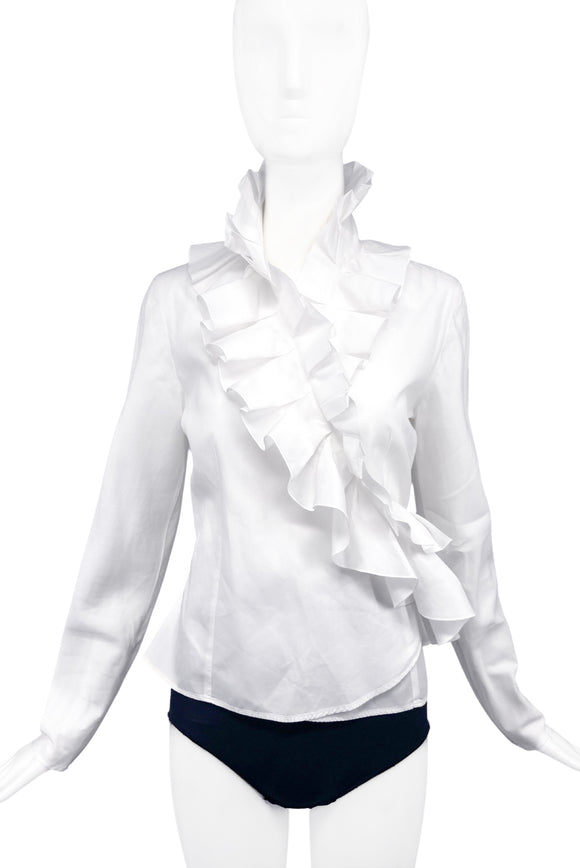 Anne Fontaine White Button-Up Blouse with Asymmetrical Oversize Ruffle Detail