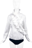Anne Fontaine White Button-Up Blouse with Asymmetrical Oversize Ruffle Detail