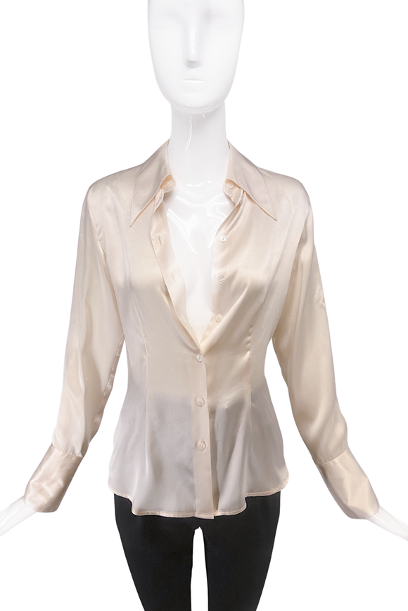 Vintage 90's Ivory Silk Fitted Blouse with Big Lapel Ann Fontaine