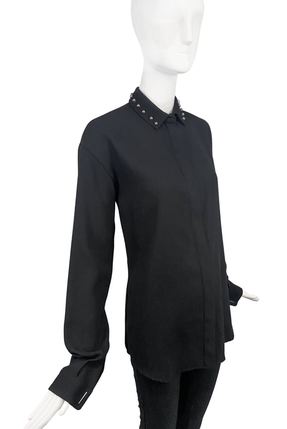Anthony Vaccarello Black Button-Up Shirt Blouse with Silver Stud Collar