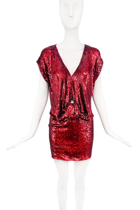 Ashish Red Sequin Drape Peek-A-Boo Cut-Out Mini Dress
