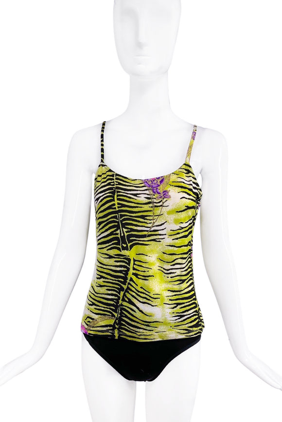 Barbara 9 Luglio Green and Black Zebra Print with Floral Details Tank Top