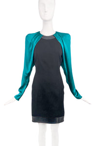 Barbara Bui Blue Green Turquoise Gem Tone Satin Silk Sleeve Black Leather Trim Dress