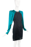 Barbara Bui Blue Green Turquoise Gem Tone Satin Silk Sleeve Black Leather Trim Dress