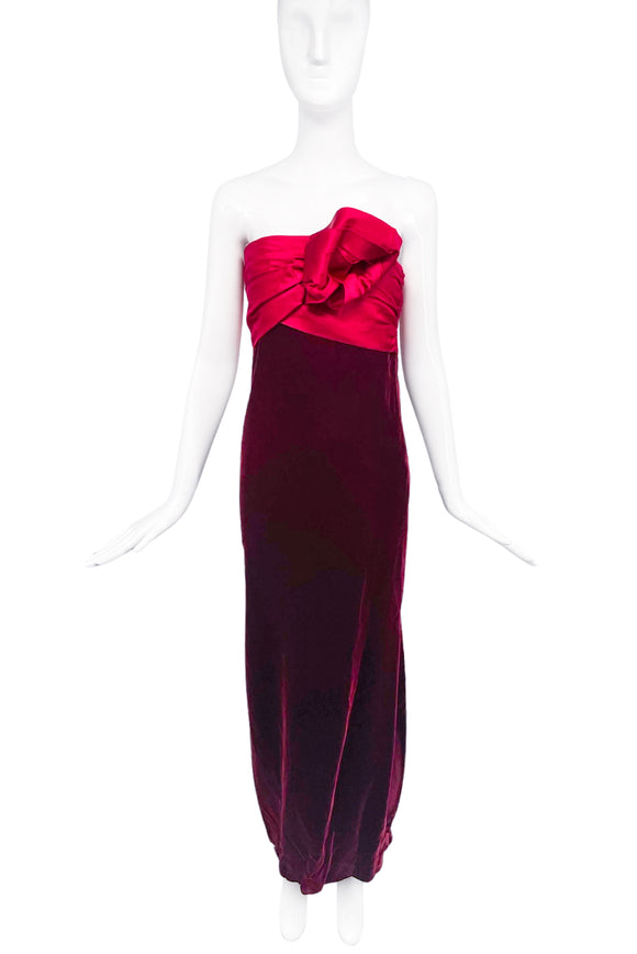 Bill Blass Red Burgundy Velvet Strapless Bow Detail Dress Gown