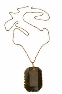Vintage Brown Tourmaline Large Emerald Cut Pendant On Long Gold Diamond Necklace